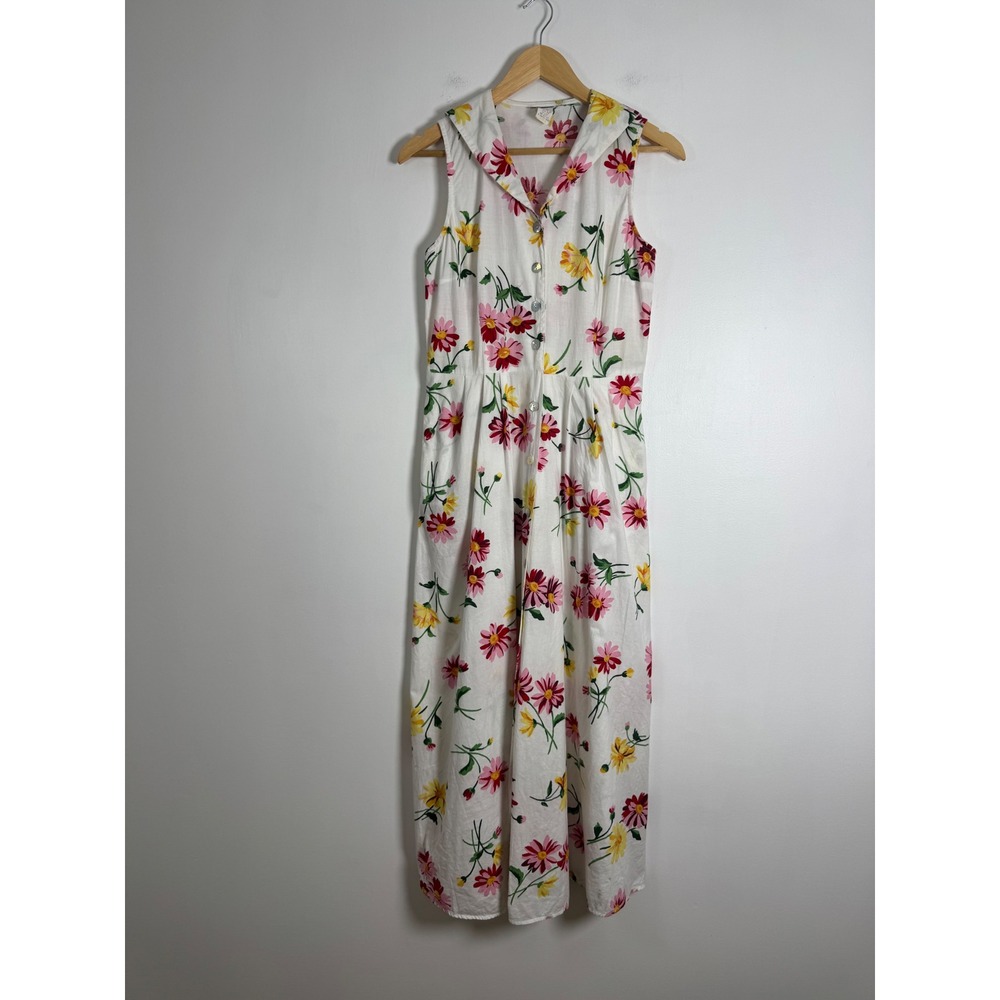 Cottagecore Vintage Floral Women Size 6 Maxi Dress White Pink Yellow Cotton Belt